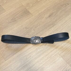 Black Leather Belt with Decorative Silver Buckle